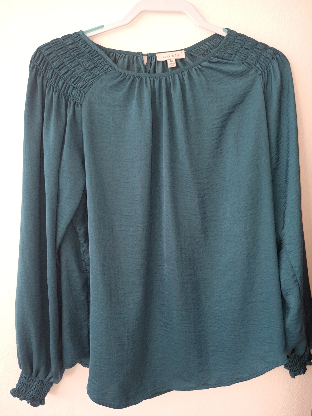 Alex And Lili Teal Long-Sleeve Smocked-Yoke Blouse